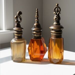 Vintage Amber Glass Bottles w/ Brass Finials | Set of 3 | Heavy Apothecary Decor